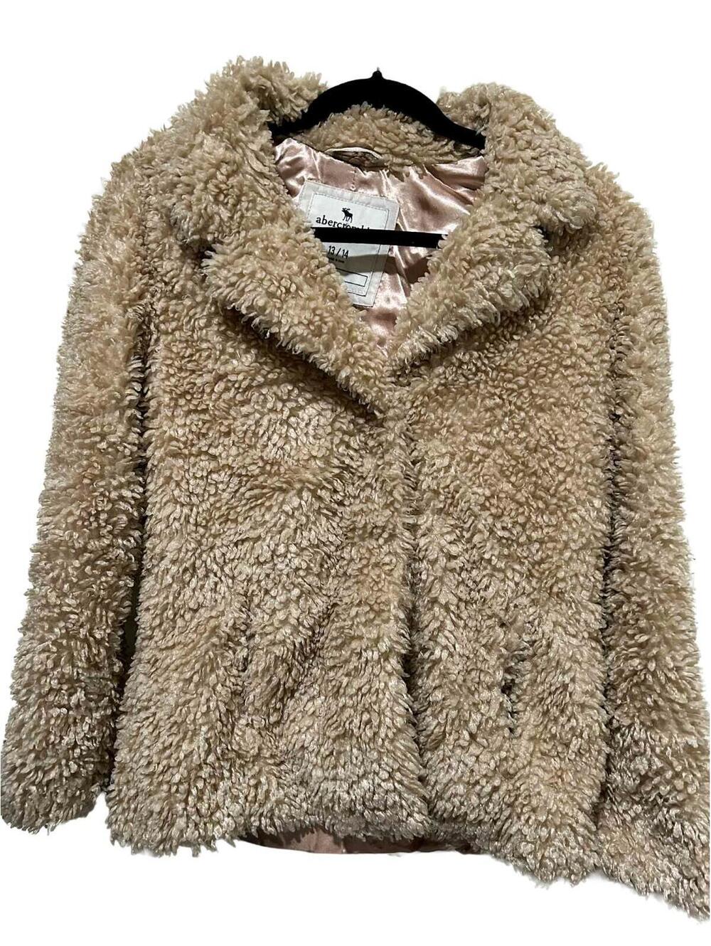 Abercrombie Kids Girls Size 13/14 Faux Fur Coat Lined Jacket Tan White
